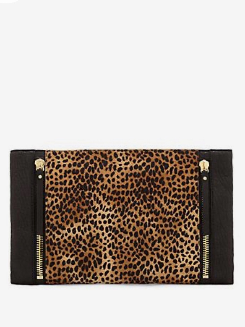 Vince Camuto Leopard Print Black Leather Zip-Accent Clutch - Black/Tan